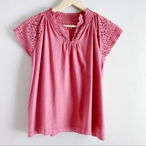 LOFT • Eyelet Cap Sleeve Cotton Top in Rust Red, Split Neck, Size Small